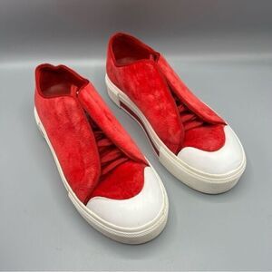 Alexander McQueen Red Velvet Platform Lace Up Low Cut Sneakers